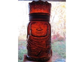 Angry Aztec King! 2 Piece Covered Storage Jar Reddish Amber Color