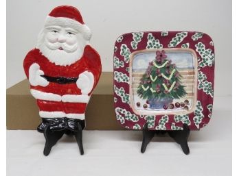 Two Very Attractive Christmas Cookie Plates - Figural Santa & Square