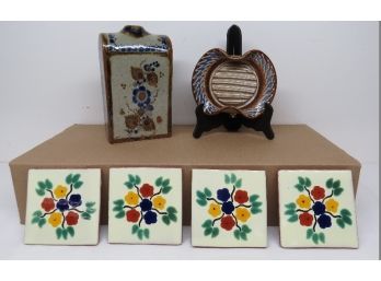 Mixed Group Of Southwestern / Mexican Pottery - Studio Signed Soap Dish, Mexican Decanter & 4 Redware Tiles