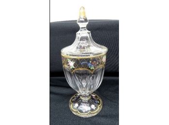 Hand Enameled & Gold Decorated Floral Covered Pedestal Candy Jar - Fostoria Or Cambridge