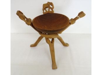 African Carved Elephant Tripod Stand With Bowl