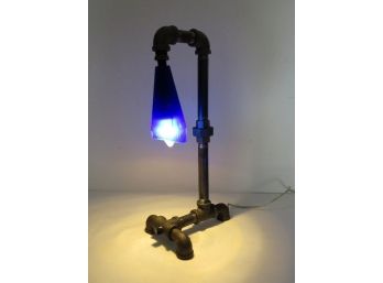 Industrial Retro Metal Pipe Lamp With Cobalt Blue Glass Shade