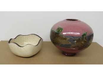 Pair Of Raku Pottery Vases Both By Gregg Neal, Beautiful Glazes