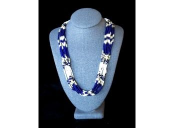 Cobalt Blue And White Beaded Artist Crafted  Necklace
