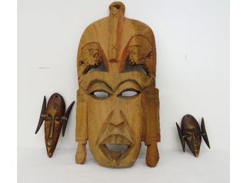 Hand Carved 3 Piece Wooden African Tribal Mask Lot