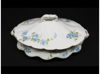 Austrian Made White Porcelain Numbers Matching Victorian Era Covered Casserole W/blue Florals