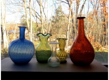 Lot Of 5 Gorgeous Freeblown Glass Bottles & Vases - Full Of Seed Bubbles & Crudity, Beautiful Colors, Pontiled