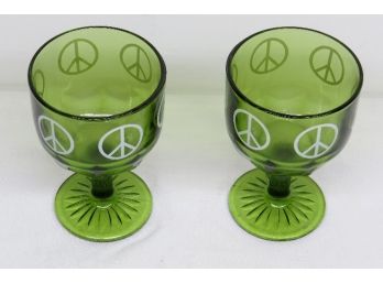 Vintage Pair Of Olive Green Glass  Peace Sign Goblets