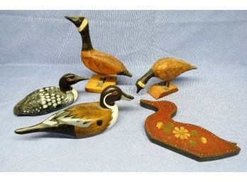 Small Group Of Hand Carved Wooden Folk Art Geese & Ducks - Including Local Carver