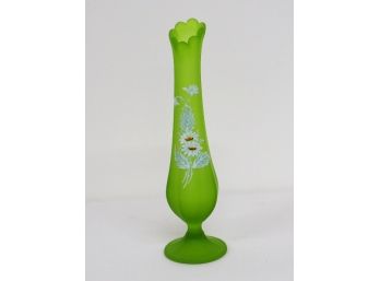 MCM Green Glass Footed Stretch Vase With Enamel Painted Flowers