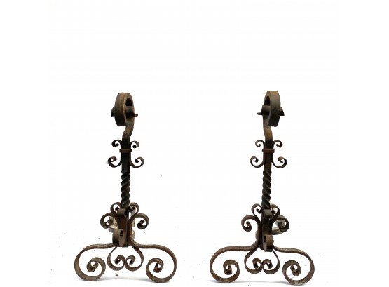 Pair - Bold Fiddlehead Scroll Footed  Andirons