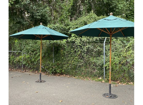 Pair - American Holtzkraft Inc - 9ft Wooden Framed LL Bean Canvas Market Umbrellas In Iron Stands*