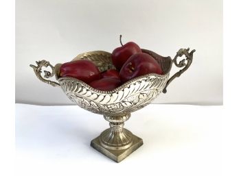 Silver Tone High Relief Filigree Motif Handled Trophy Bowl With Decorative Apples*