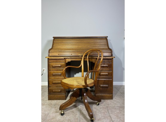Oak Roll Top Desk With Bentowood Cane Seat Desk Chair On Casters