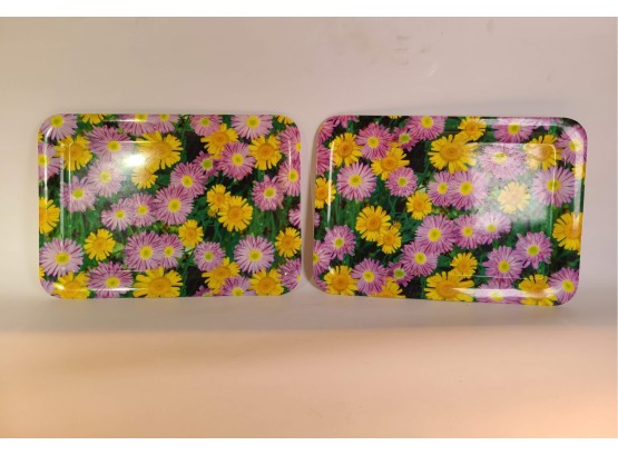 Pair Of Vintage Plastic Floral Trays