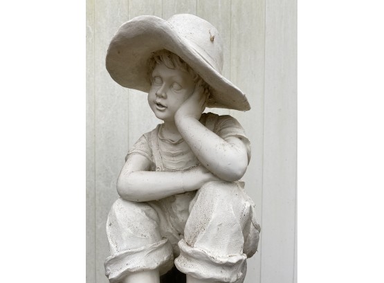 Cast Plaster - Seated Boy With Hat - Garden Statuary