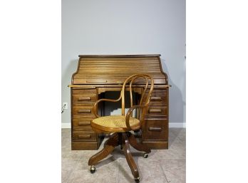 Oak Roll Top Desk With Bentowood Cane Seat Desk Chair On Casters