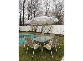Patio Dining Set - (6) Perfect Home Inspired Living Chairs - Tempered Glass Top Table And Umbrella