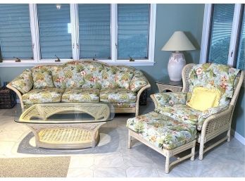 Beautiful White Washed Wicker Set With Camelback Sofa & Floral Motif Seat Cushions