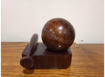 Mahogany Wood Carved Baseball And Bat On Stand