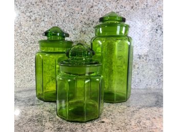 Trio Of Green Glass Lidded Jars