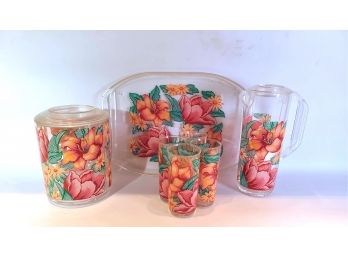 1980s - Vibrant Floral Patio Plastic Serving Set