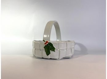 Italian Porcelain Wonven Basket With Holly Berry Accent