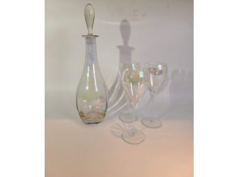 Toscany Handblown Iridescent Glass Decanter With Glasses - Romania