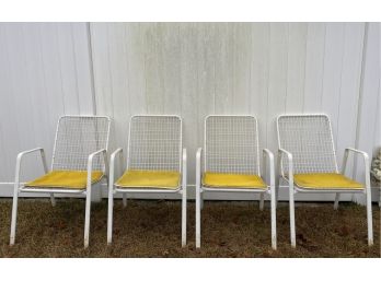 Vintage Retro White Metal Wire Mesh Outdoor Chairs With Yellow Seat Cushions