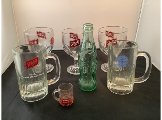 Lot Of 7 Items. Vintage Beer Glasses/Steins, Shot Glass And Coke Bottle. Schlitz, Pabst Blue Ribbon