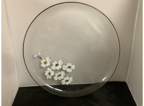 Vintage Large Glass Platter With Painted White Flowers 18.5 Inches In Diameter