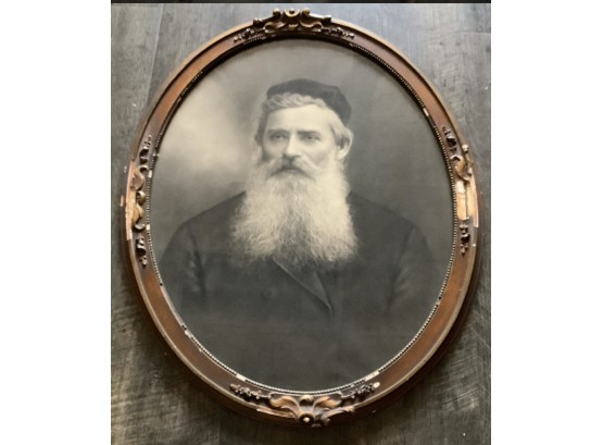Large Antique Black And White Photo Of A Revered Rabbi With Beard. Oval. Framed Under Rare Oval Glass.