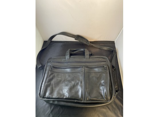 Black Genuine Leather Computer Bag With Long Carry Strap