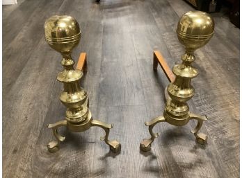 Pair Of Impressive Cannonball Top Vintage Brass Andirons. Manufactured ByThe Harvin Company
