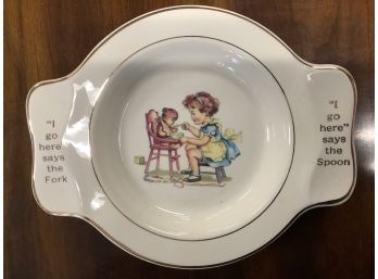 Holmes And Edwards Babys Dish With Silver Plate Spoon And Fork. 1960s. Never Used. Original Box.