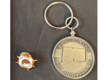 Guilford, Connecticut 350th Anniversary Key Chain & Pin - Beautiful Commemorative Set