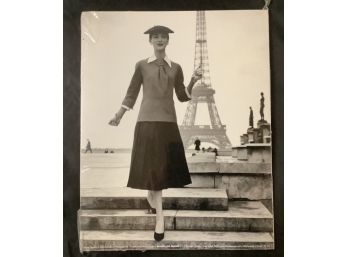 Black And White Photographic Print Of A Model Posing In Front Of The Eiffel Tower