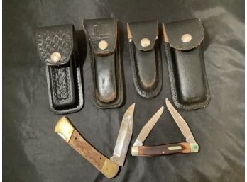 Vintage Lot Of 2 Knives And Four Leather Knife Holders For Belt.