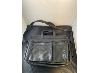 Black Genuine Leather Computer Bag With Long Carry Strap