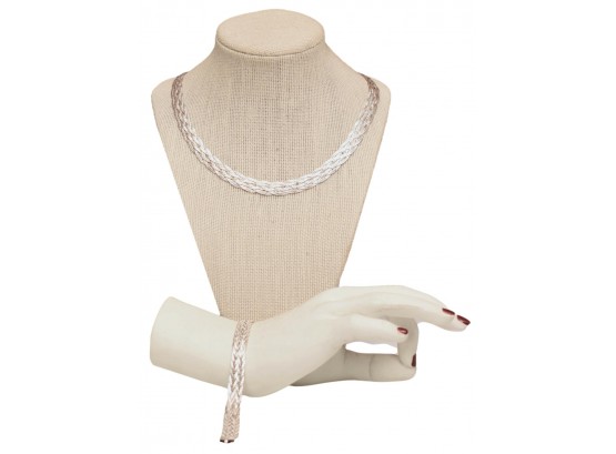 Sterling Silver Herringbone Braided Necklace And Bracelet Set