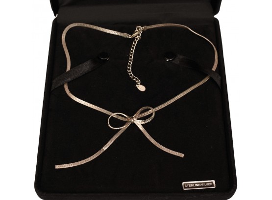 Sterling Silver Herringbone Bow Necklace In Velvet Gift Box