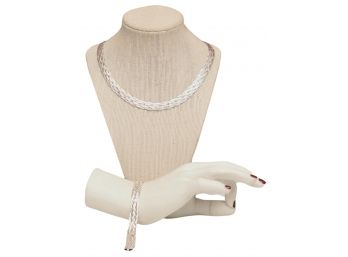 Sterling Silver Herringbone Braided Necklace And Bracelet Set
