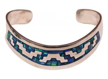 Signed Luna 950 Sterling Silver And Inlaid Turquoise Cuff Bracelet
