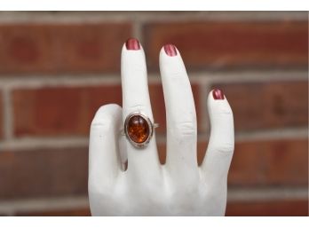 Sterling Silver And Amber Ring (Size 7)