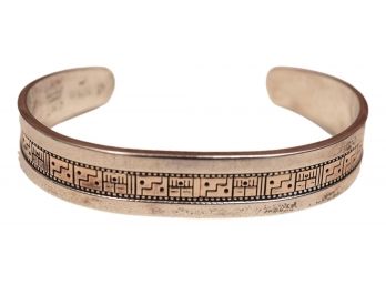 Signed 'RMT' Marilyn And Roderick Tenorio Native American Sterling Silver With 14K Inlay Cuff Bracelet