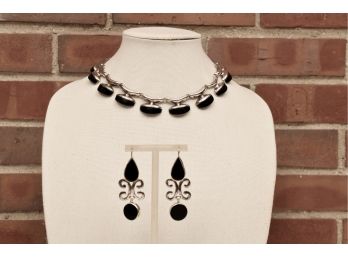 Sterling 950 Silver And Onyx Necklace And Sterling 925 Silver Pierced Earrings