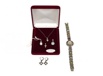 Sterling Silver Necklace With Interchangeable Charms And Lucoral Watch