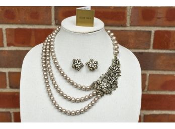 New! Heidi Daus Triple Strand Necklace With Matching Pierced Earrings