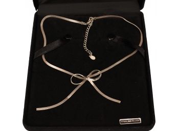 Sterling Silver Herringbone Bow Necklace In Velvet Gift Box