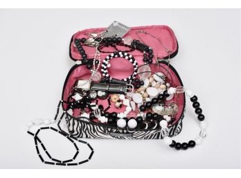 Zebra Print Case Filled With Costume Jewelry